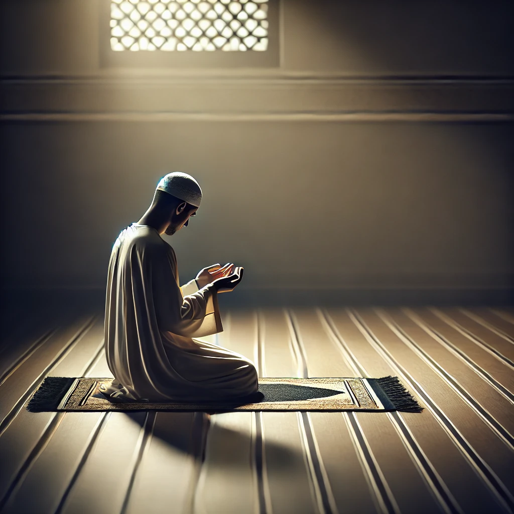 A fictional image of a Muslim with humility trying to reach a meaningful prayer.