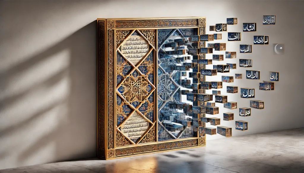 Dual mirrors showing contrast between clear history's manuscripts and distorted modern headlines, framed by Islamic patterns