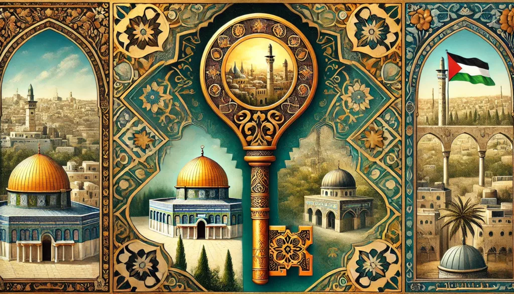 Traditional Islamic key decorated with Palestinian landmarks, pointing towards a door showing Jerusalem's history and present