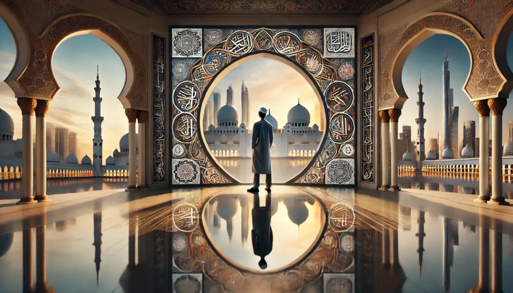 Islamic Identity depicted through traditional architecture framing modern Muslim cityscape