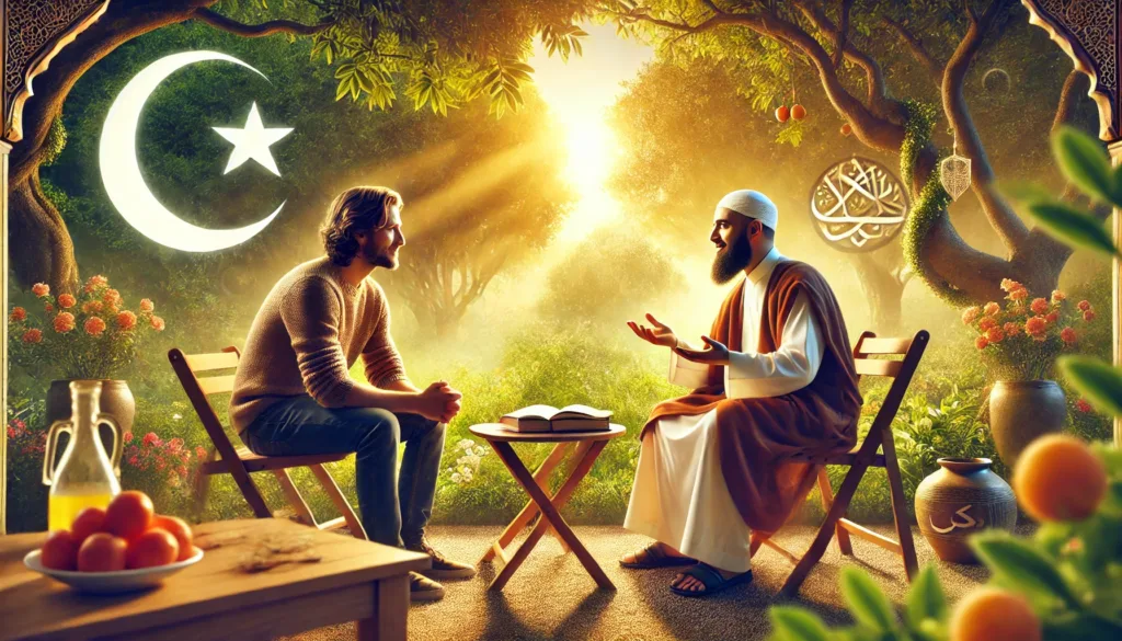 Interfaith dialogue between Muslim and Christian about Christmas season under crescent moon