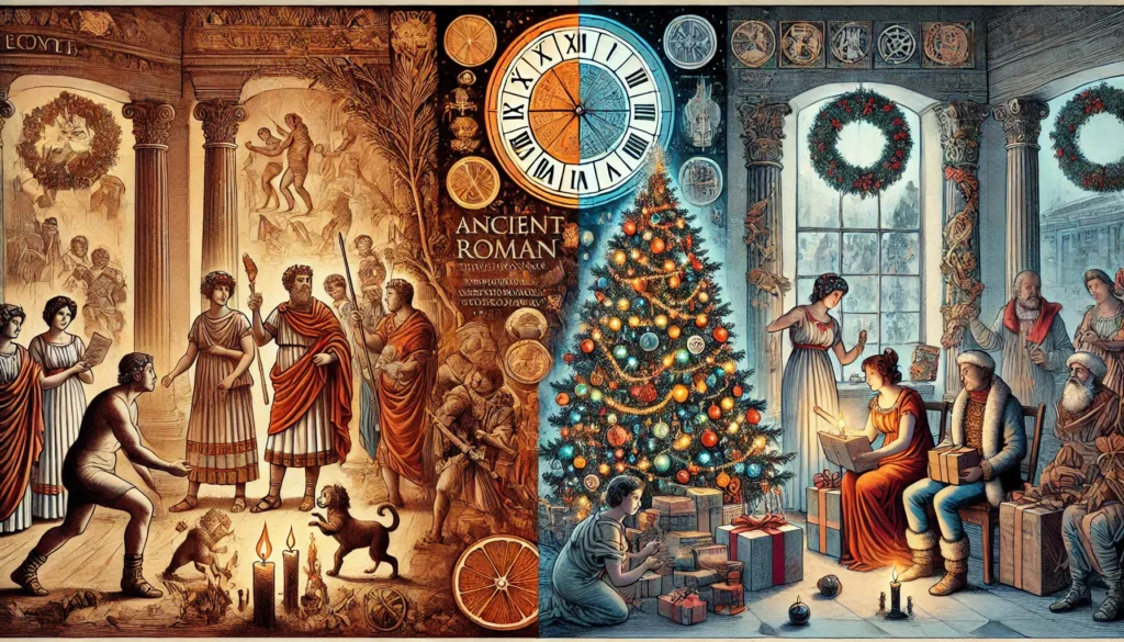 A split image comparing ancient Roman festivities with modern Christmas celebrations, featuring Roman rituals on one side and a family gathering around a decorated Christmas tree on the other.