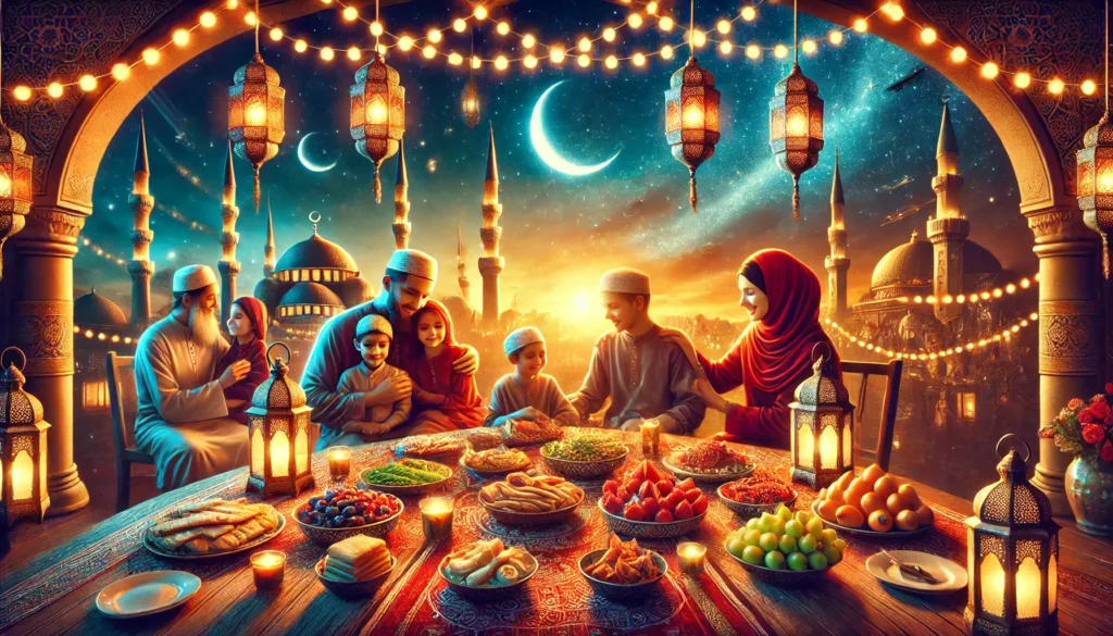 A festive Muslim family gathering at a dinner table adorned with food and lanterns, set against a backdrop of crescent moons, minarets, and glowing lights.