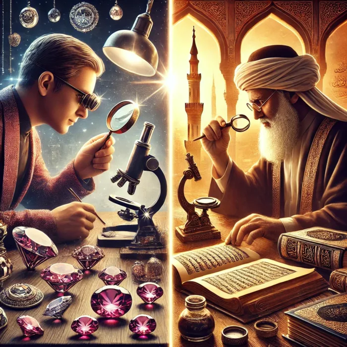 Islamic history scholars compared with gemologists examining artifacts with precision tools