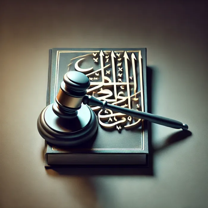 Divine law symbolized by judge's gavel resting on Islamic text