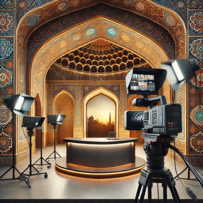 Civil strife among companions discussed in modern TV studio with Islamic architecture