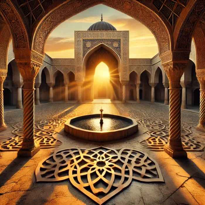 Great Fitnah period reflected through traditional Islamic courtyard at sunset