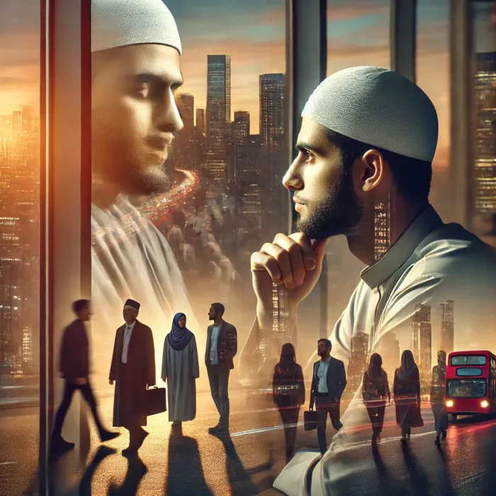 Muslim relations depicted through reflection of contemplative Muslim in modern cityscape