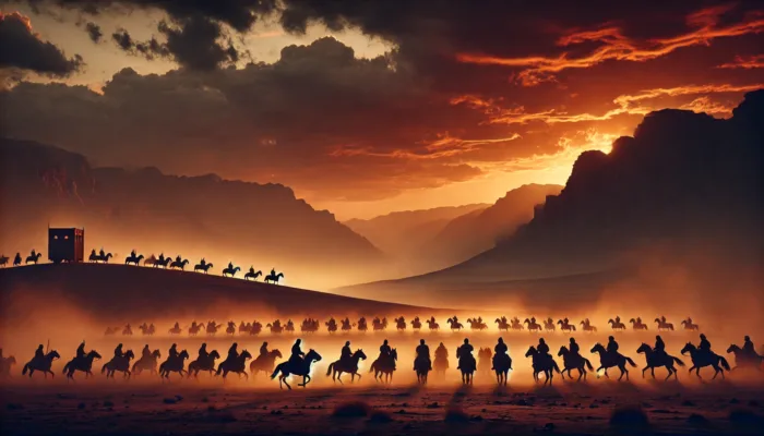 Civil strife among the companions depicted through silhouetted riders at sunset