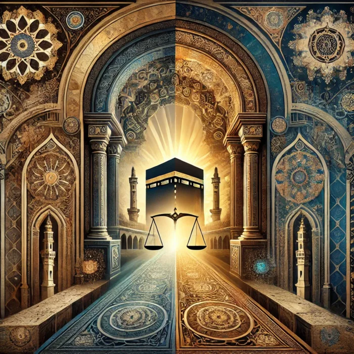 Ornate Islamic archway illustrating loyalty and disavowal concept with balanced scales between golden and blue paths leading to the Kaaba