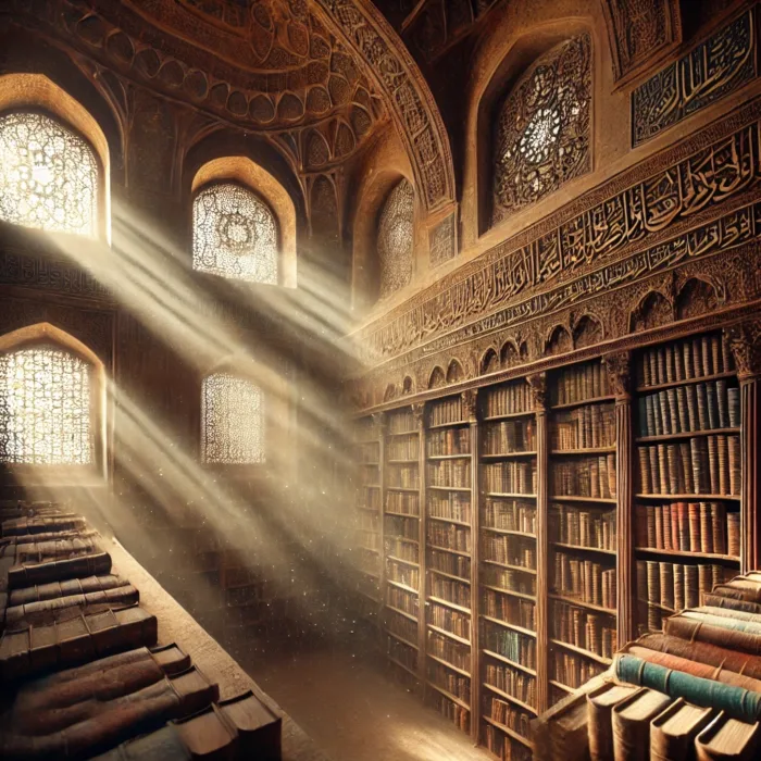 Authentic texts preserved in ancient Islamic library illuminated by sunbeams