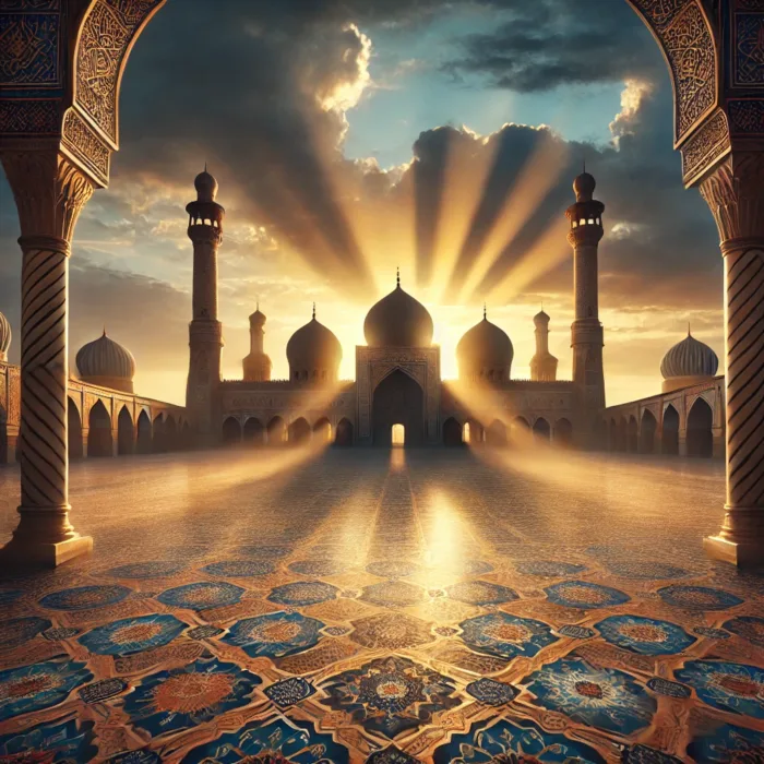 Great Fitnah period symbolized through mosque architecture at dramatic sunrise