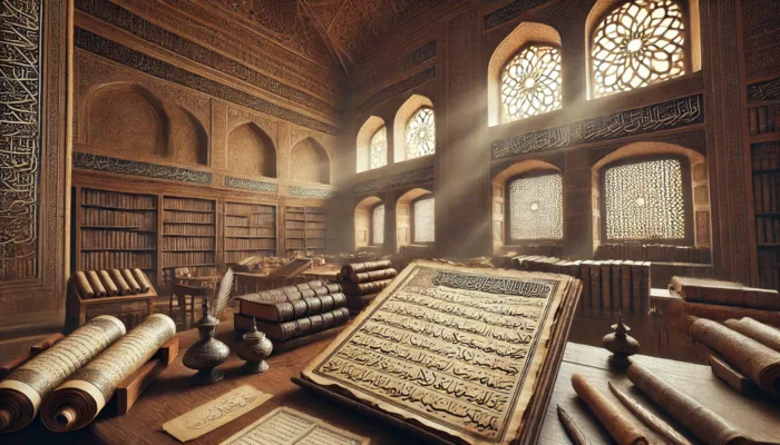 Islamic history preserved in traditional library displaying ancient manuscripts and Islamic calligraphy