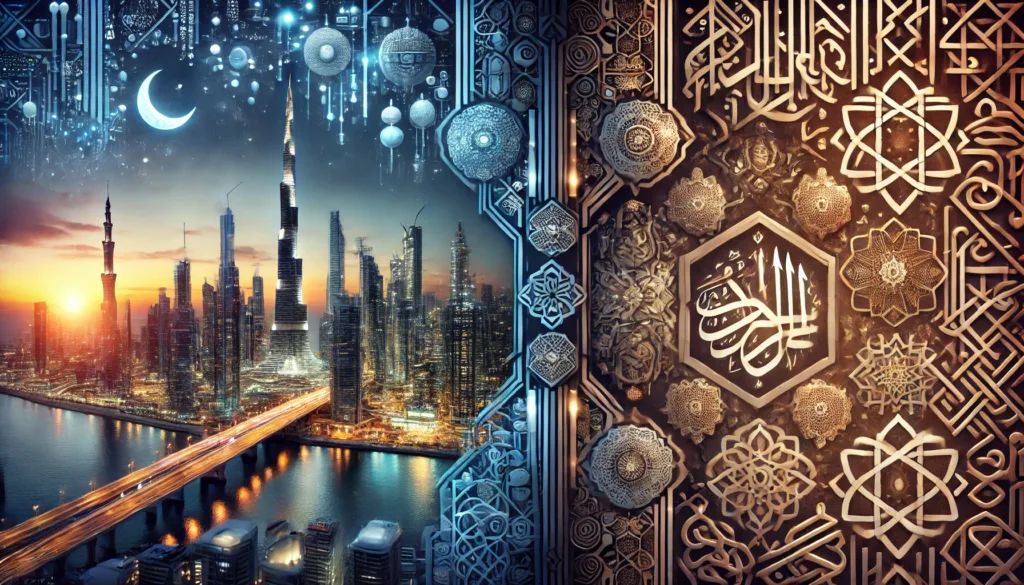 Divine law represented through contrast of modern cityscape and Islamic patterns