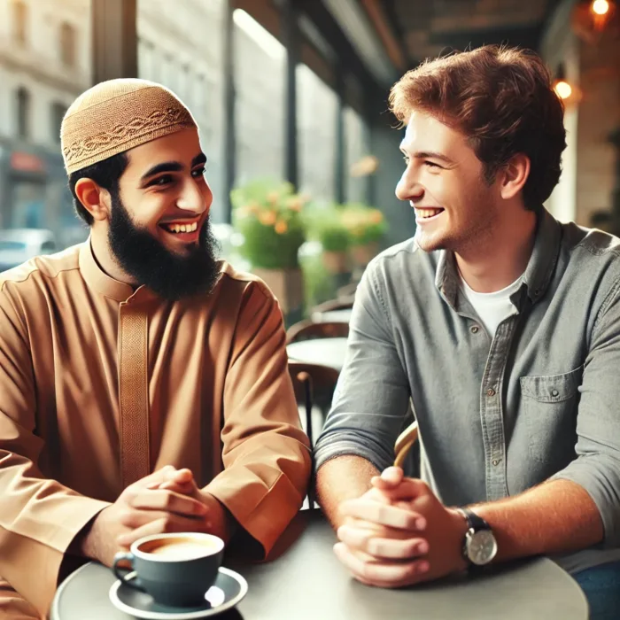 Muslim relations illustrated through friendly café conversation between Muslim and non-Muslim men